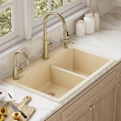 33" Top Mount Double Offset Bowl Quartz Composite Kitchen Sink In Bisque