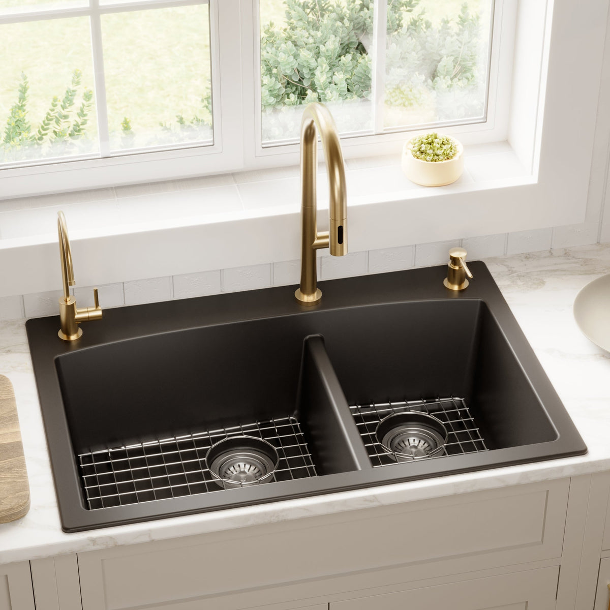 33" Top Mount Double Offset Bowl Quartz Composite Kitchen Sink Kit In Black