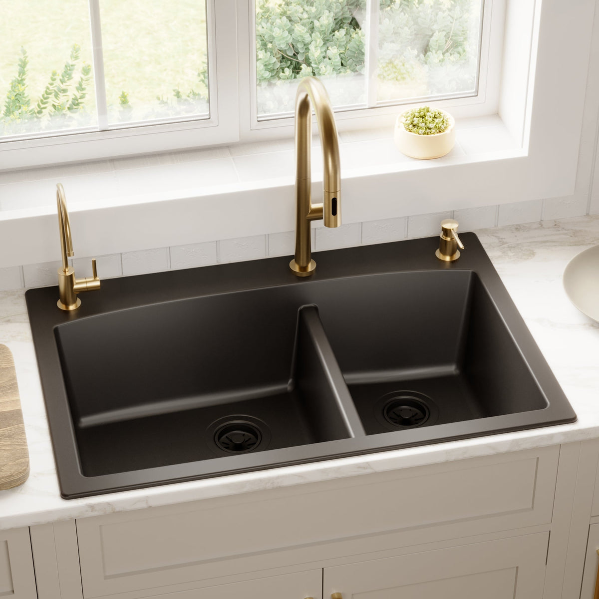 33" Top Mount Double Offset Bowl Quartz Composite Kitchen Sink In Black