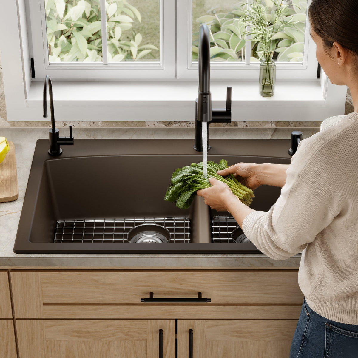 33" Top MountDouble Offset Bowl Quartz Composite Kitchen Sink Kit In Brown