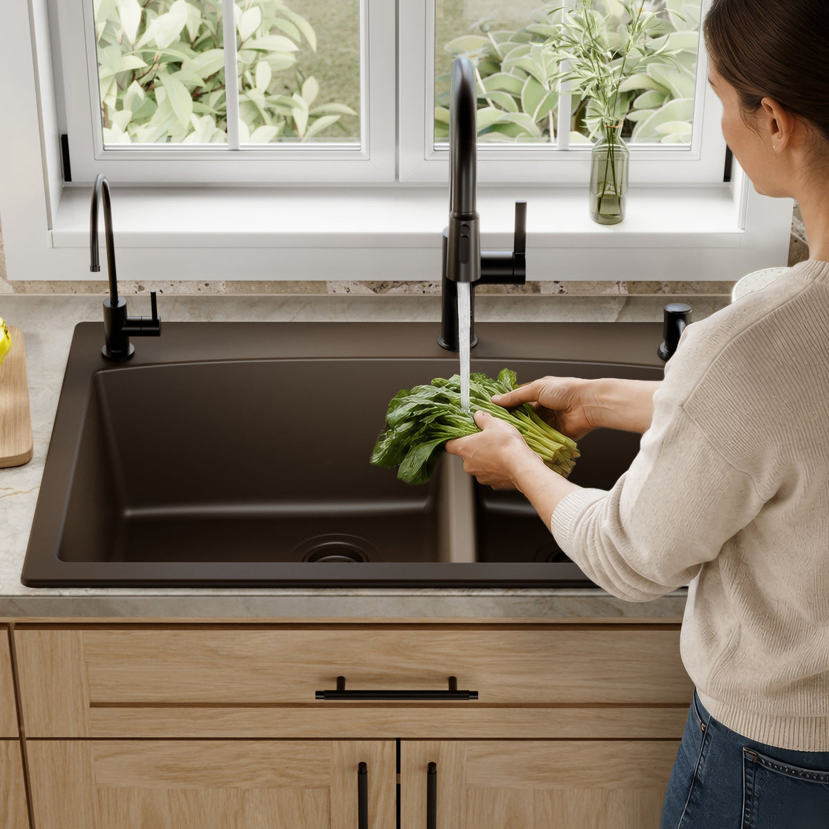 33" Top Mount Double Offset Bowl Quartz Composite Kitchen Sink In Brown
