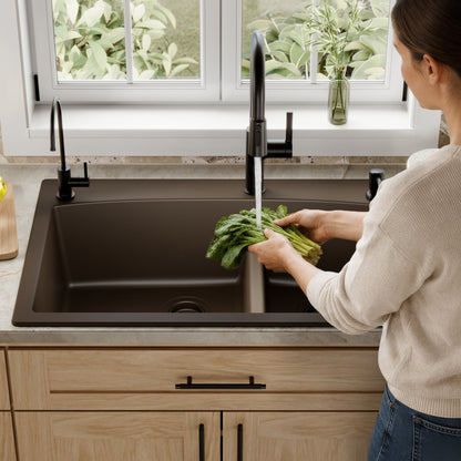 33" Top Mount Double Offset Bowl Quartz Composite Kitchen Sink In Brown