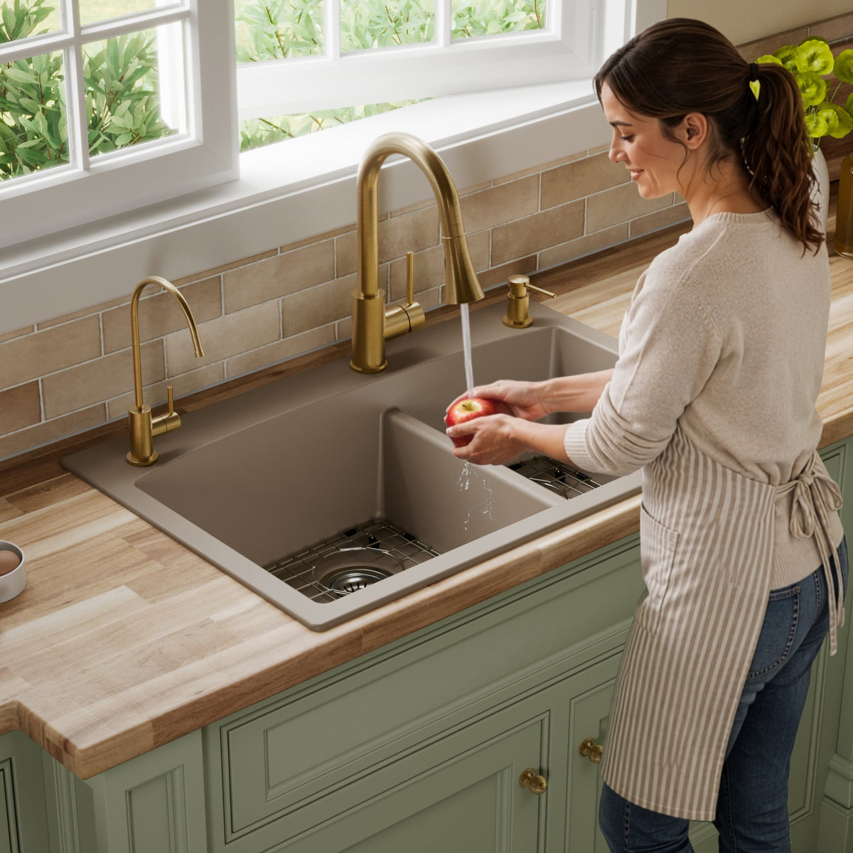 33" Top Mount Double Offset Bowl Quartz Composite Kitchen Sink Kit In Concrete