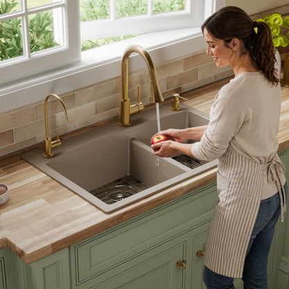 33" Top Mount Double Offset Bowl Quartz Composite Kitchen Sink Kit In Concrete