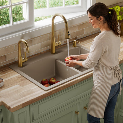 33" Top Mount Double Offset Bowl Quartz Composite Kitchen Sink In Concrete