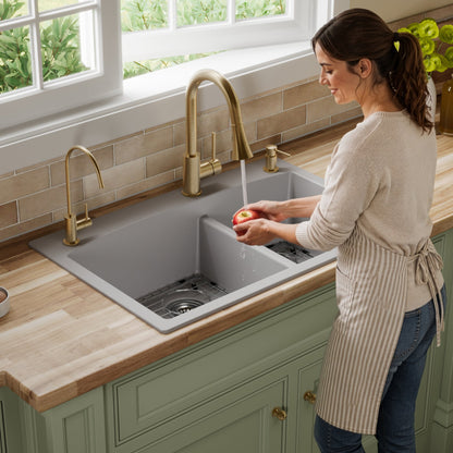 33" Top Mount Double Offset Bowl Quartz Composite Kitchen Sink Kit In Grey