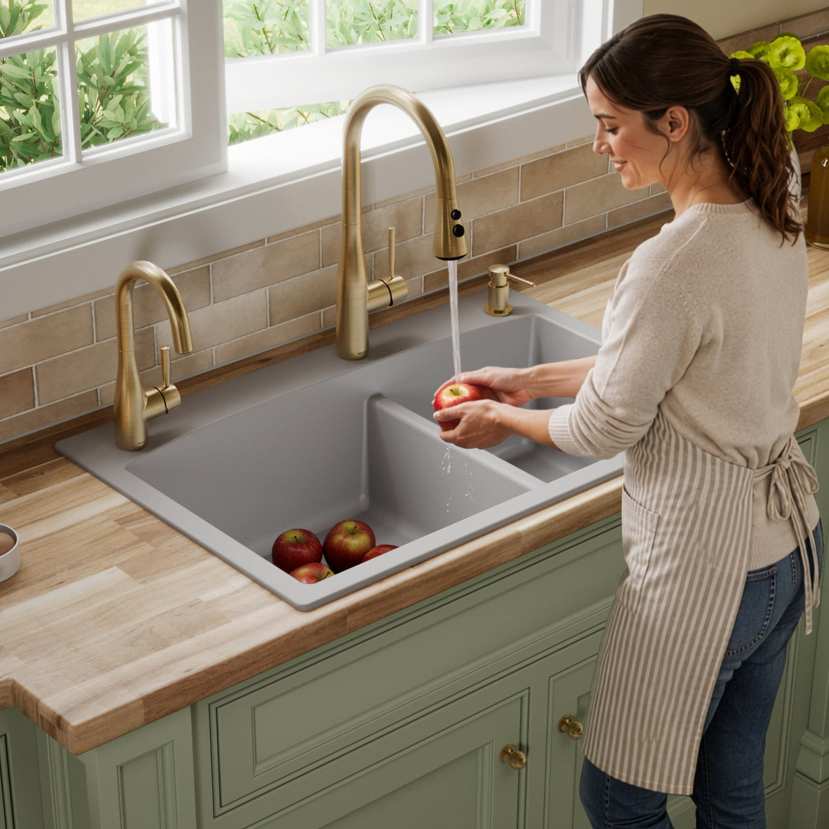 33" Top Mount Double Offset Bowl Quartz Composite Kitchen Sink In Grey