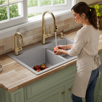 33" Top Mount Double Offset Bowl Quartz Composite Kitchen Sink In Grey
