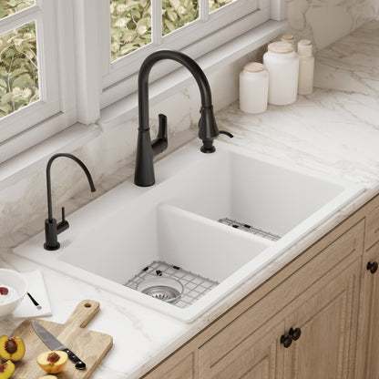 33" Top Mount Double Offset Bowl Quartz Composite Kitchen Sink Kit In White