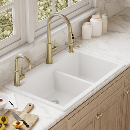 33" Top Mount Double Offset Bowl Quartz Composite Kitchen Sink In White
