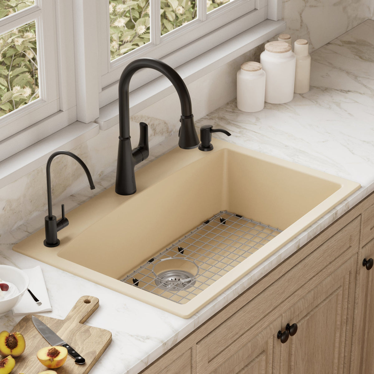 33" Top Mount Large Single Bowl Quartz Composite Kitchen Sink Kit In Bisque