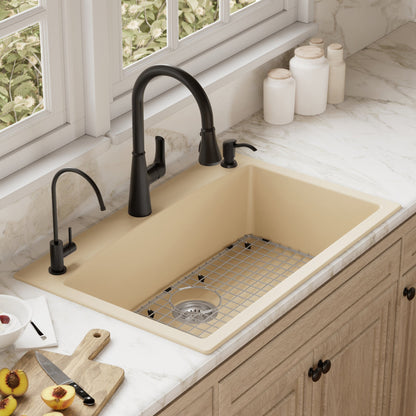 33" Top Mount Large Single Bowl Quartz Composite Kitchen Sink Kit In Bisque