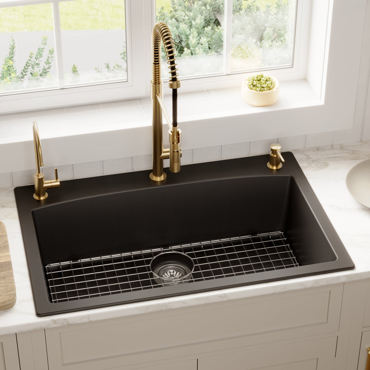 33" Top Mount Large Single Bowl Quartz Composite Kitchen Sink Kit In Black