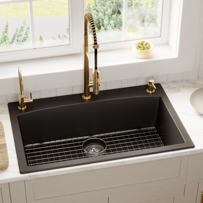 33" Top Mount Large Single Bowl Quartz Composite Kitchen Sink Kit In Black