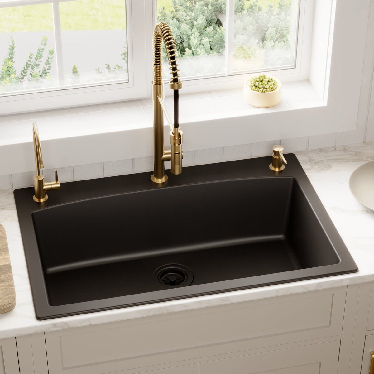 33" Top Mount Large Single Bowl Quartz Composite Kitchen Sink In Black