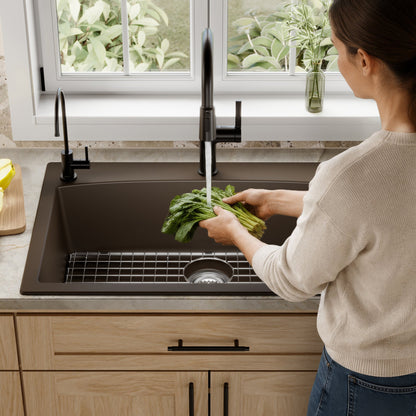 33" Top Mount Large Single Bowl Quartz Composite Kitchen Sink Kit In Brown