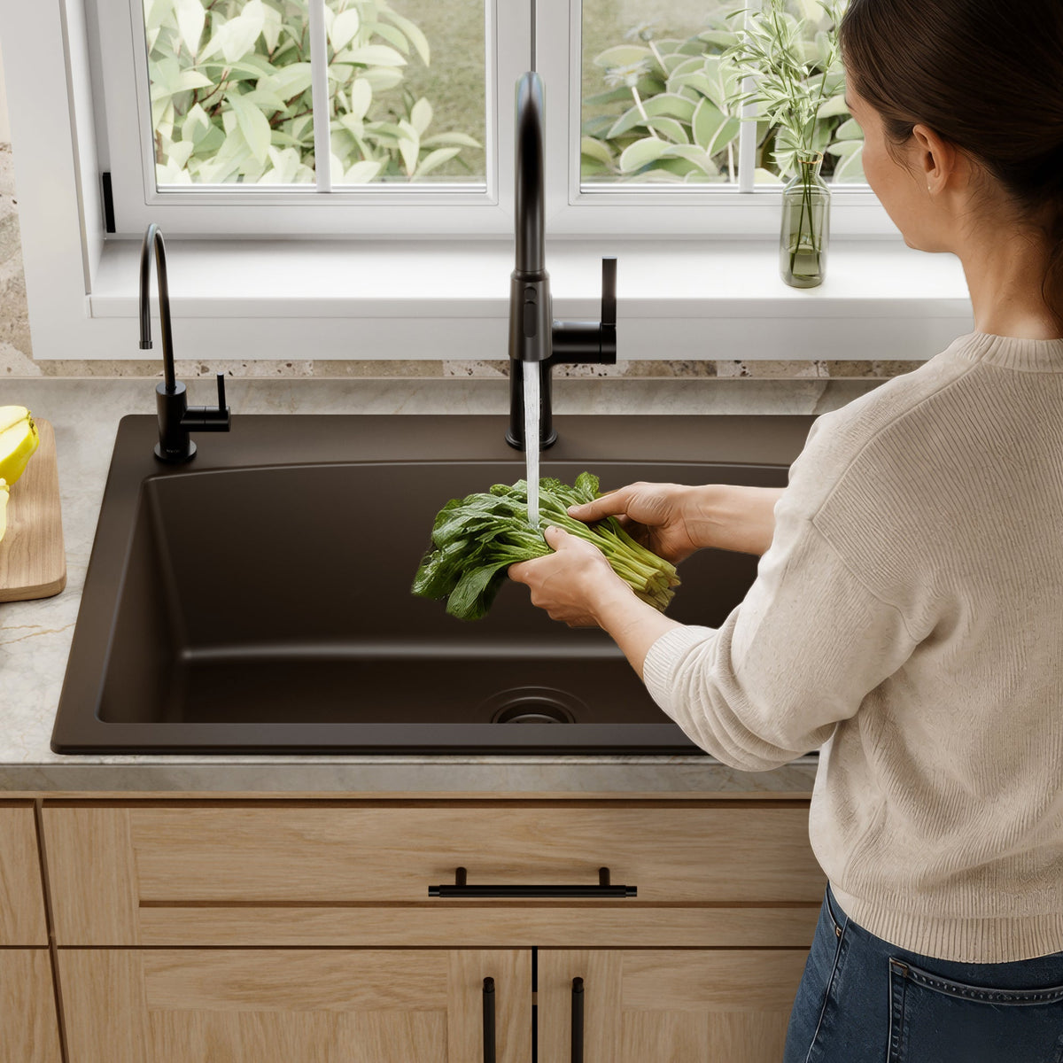 33" Top Mount Large Single Bowl Quartz Composite Kitchen Sink In Brown