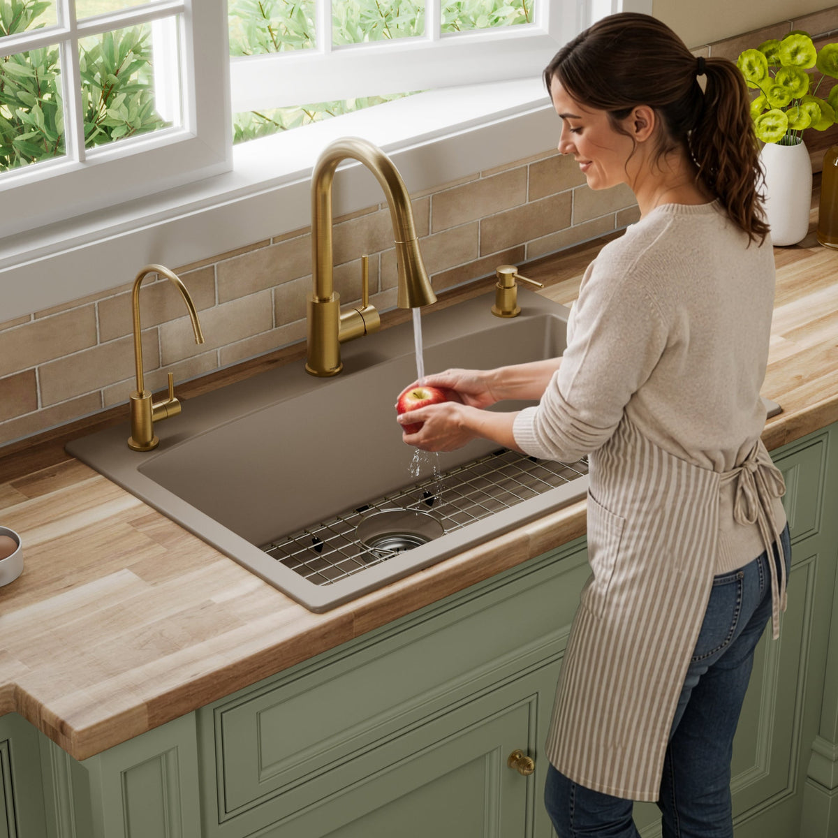 33" Top Mount Large Single Bowl Quartz Composite Kitchen Sink Kit Concrete
