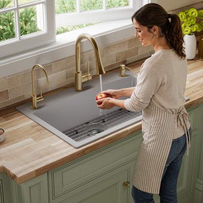33" Top Mount Large Single Bowl Quartz Composite Kitchen Sink Kit Grey