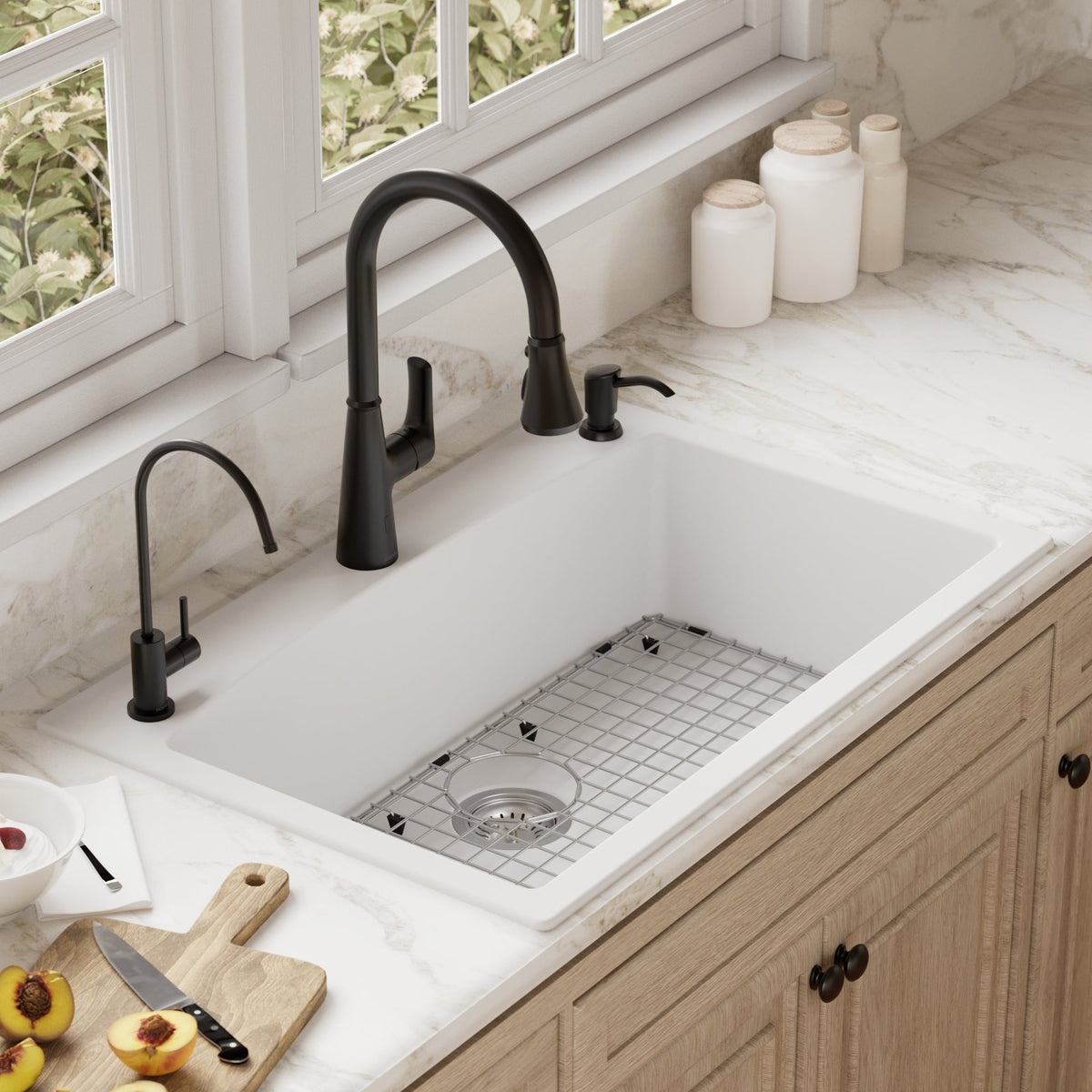 33" Top Mount Large Single Bowl Quartz Composite Kitchen Sink Kit White