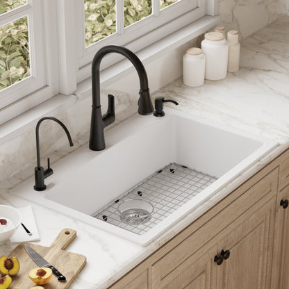 33" Top Mount Large Single Bowl Quartz Composite Kitchen Sink Kit White