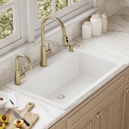 33" Top Mount Large Single Bowl Quartz Composite Kitchen Sink In White