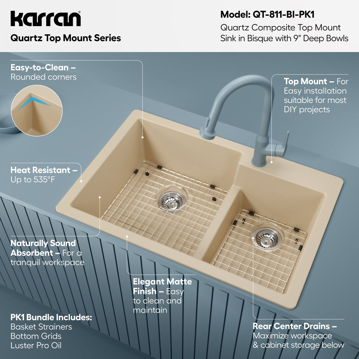 33" Top Mount Double Offset Bowl Quartz Composite Kitchen Sink Kit In Bisque
