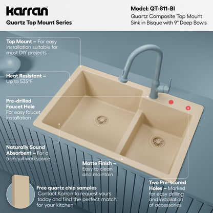 33" Top Mount Double Offset Bowl Quartz Composite Kitchen Sink In Bisque