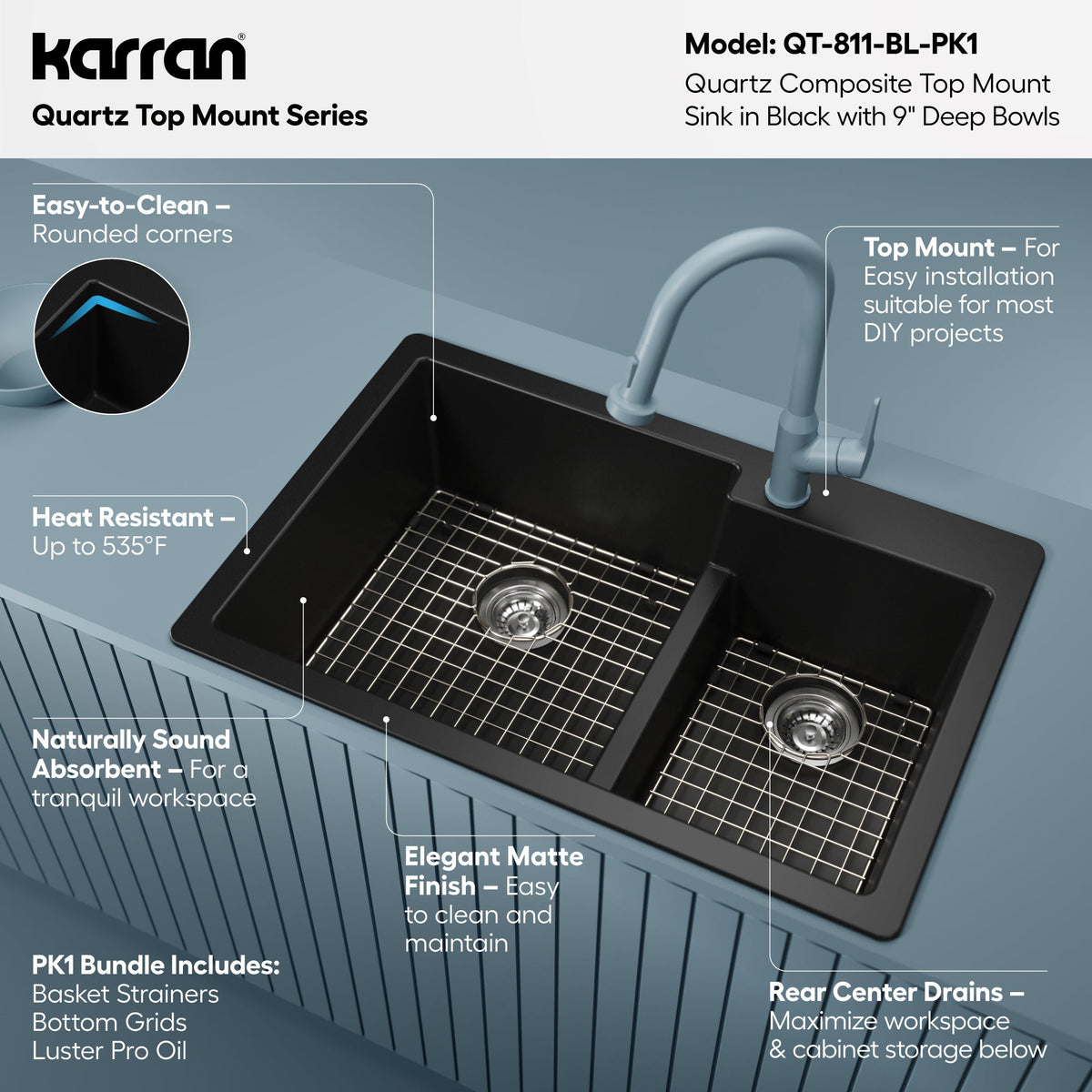33" Top Mount Double Offset Bowl Quartz Composite Kitchen Sink Kit In Black