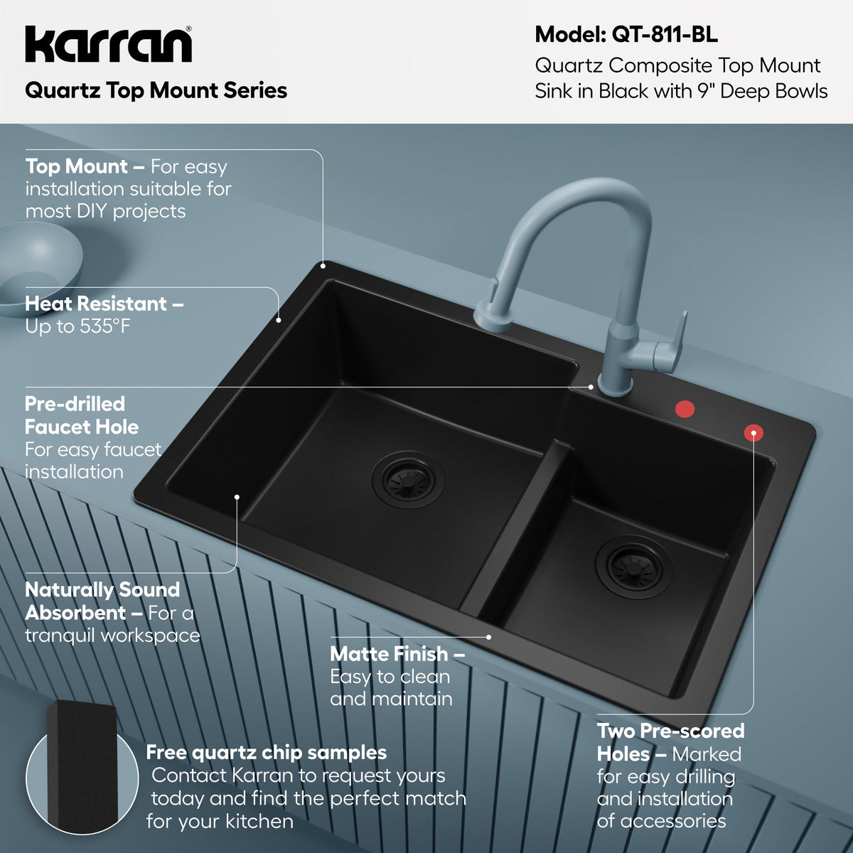 33" Top Mount Double Offset Bowl Quartz Composite Kitchen Sink In Black