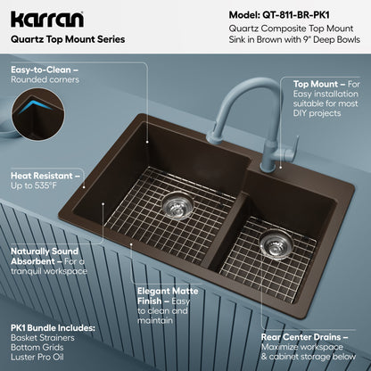 33" Top Mount Double Offset Bowl Quartz Composite Kitchen Sink Kit In Brown