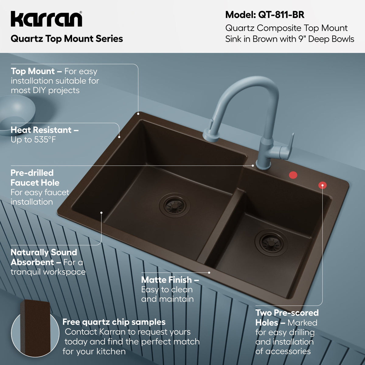 33" Top Mount Double Offset Bowl Quartz Composite Kitchen Sink In Brown