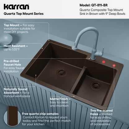 33" Top Mount Double Offset Bowl Quartz Composite Kitchen Sink In Brown