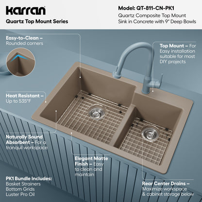 33" Top Mount Double Offset Bowl Quartz Composite Kitchen Sink Kit In Concrete