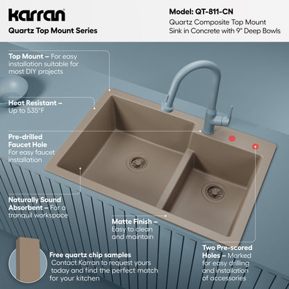 33" Top Mount Double Offset Bowl Quartz Composite Kitchen Sink In Concrete