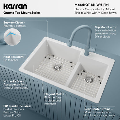 33" Top Mount Double Offset Bowl Quartz Composite Kitchen Sink Kit In White