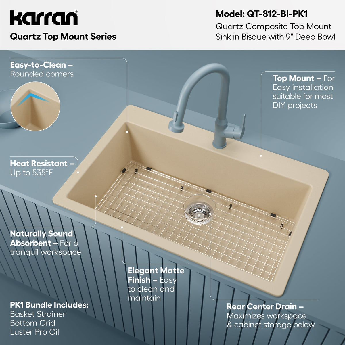 33" Top Mount Large Single Bowl Quartz Composite Kitchen Sink Kit In Bisque