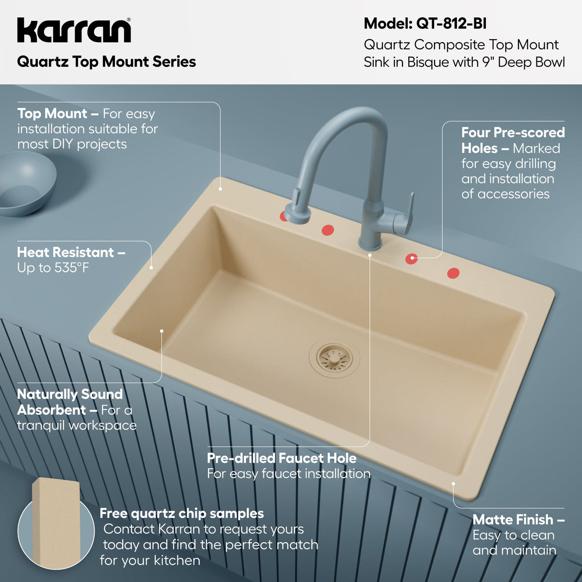 33" Top Mount Large Single Bowl Quartz Composite Kitchen Sink In Bisque