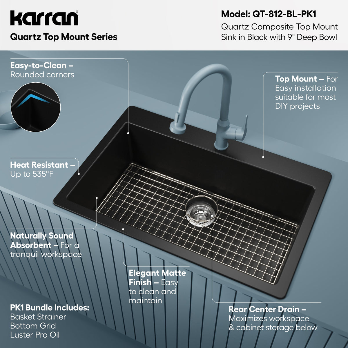 33" Top Mount Large Single Bowl Quartz Composite Kitchen Sink Kit In Black