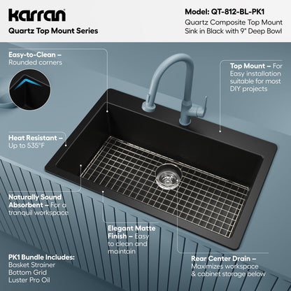 33" Top Mount Large Single Bowl Quartz Composite Kitchen Sink Kit In Black