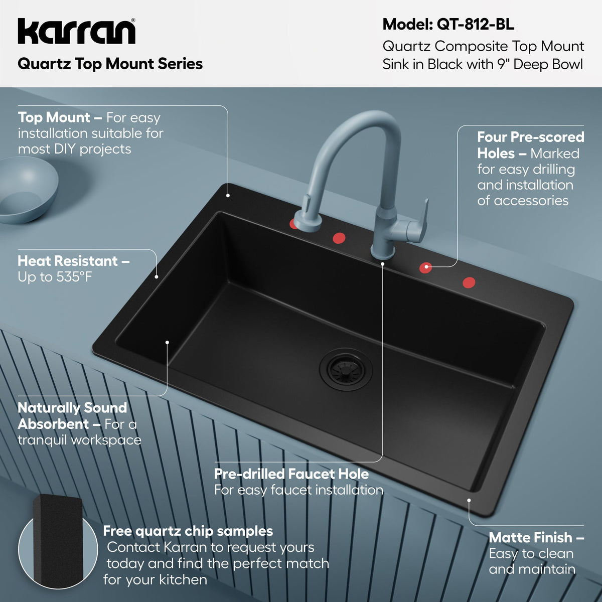33" Top Mount Large Single Bowl Quartz Composite Kitchen Sink In Black