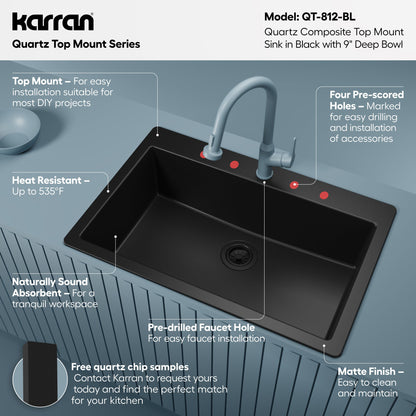 33" Top Mount Large Single Bowl Quartz Composite Kitchen Sink In Black