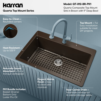 33" Top Mount Large Single Bowl Quartz Composite Kitchen Sink Kit In Brown