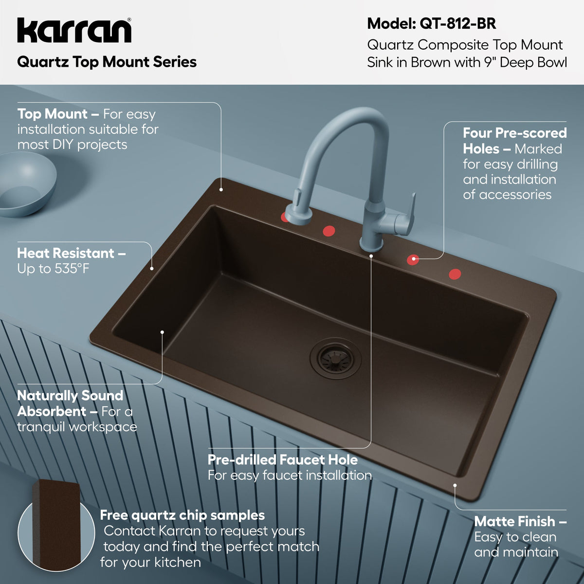 33" Top Mount Large Single Bowl Quartz Composite Kitchen Sink In Brown