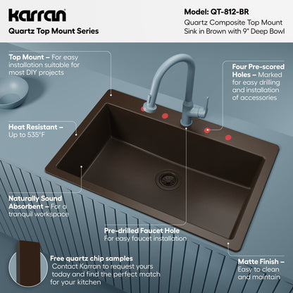 33" Top Mount Large Single Bowl Quartz Composite Kitchen Sink In Brown