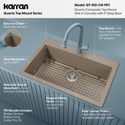 33" Top Mount Large Single Bowl Quartz Composite Kitchen Sink Kit In Concrete