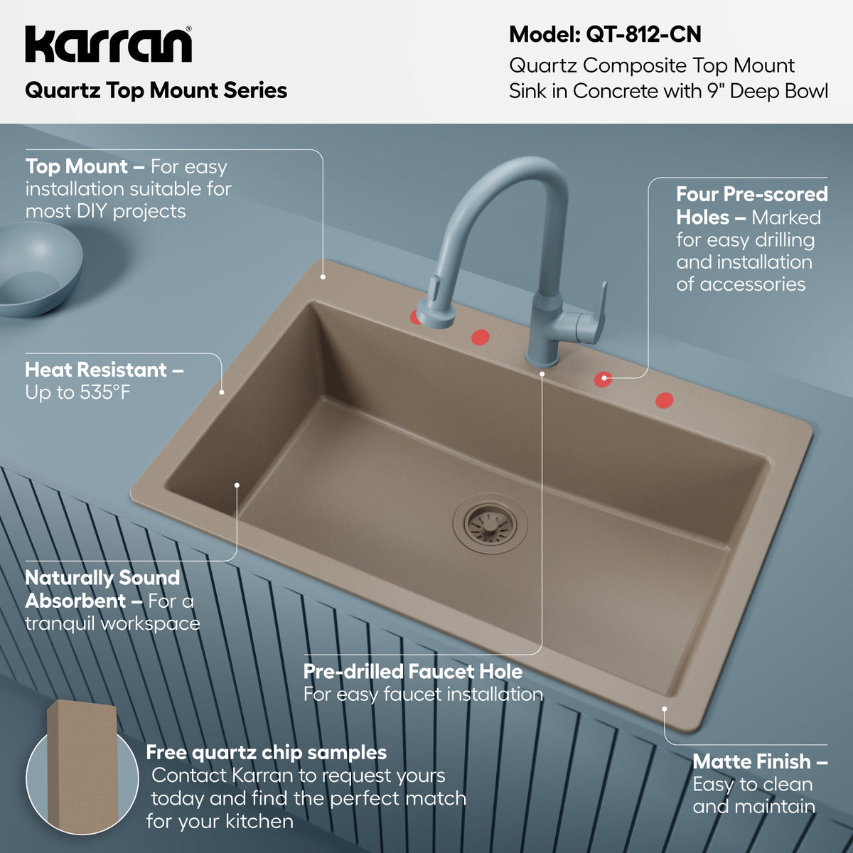 33" Top Mount Large Single Bowl Quartz Composite Kitchen Sink In Concrete