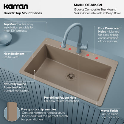 33" Top Mount Large Single Bowl Quartz Composite Kitchen Sink In Concrete