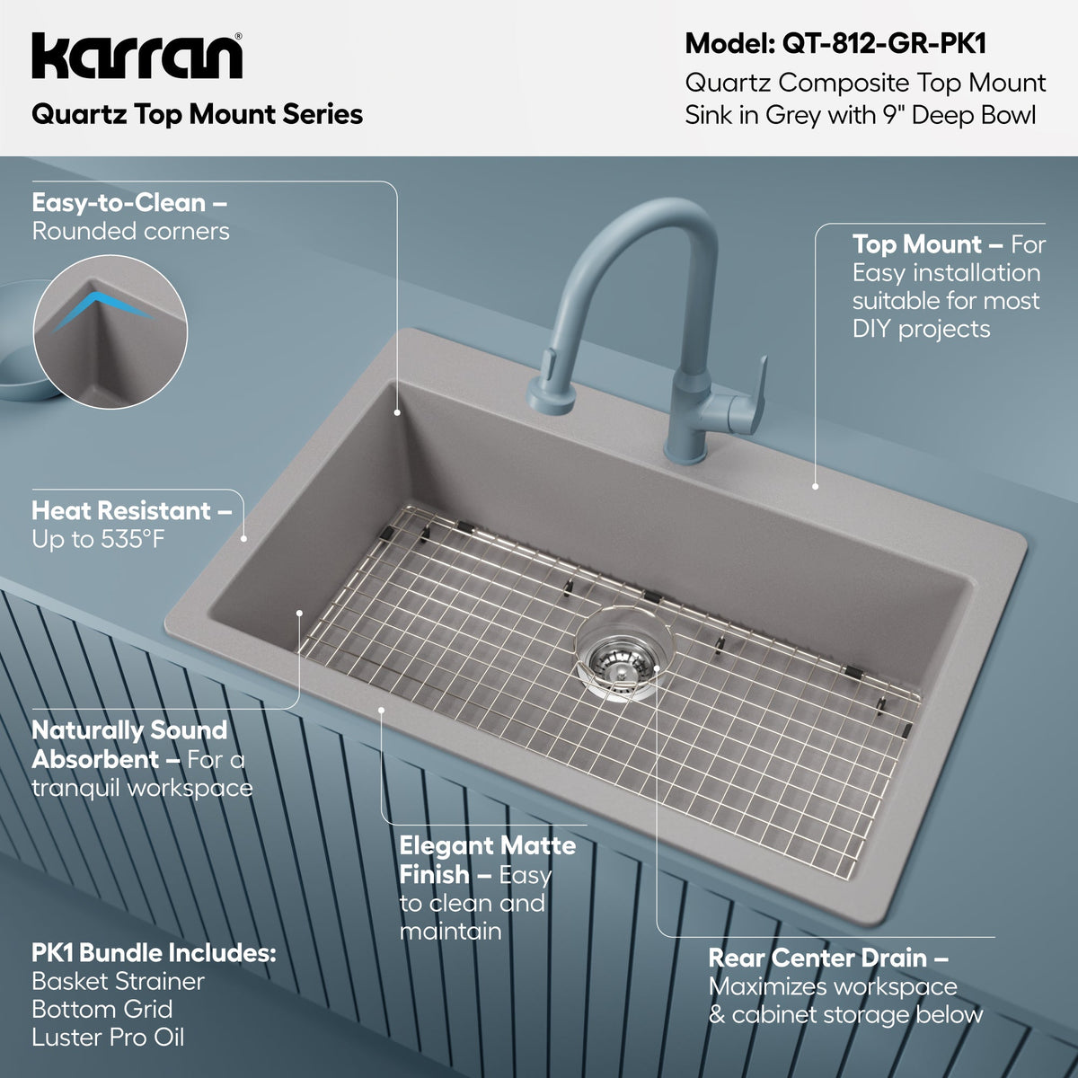 33" Top Mount Large Single Bowl Quartz Composite Kitchen Sink Kit In Grey