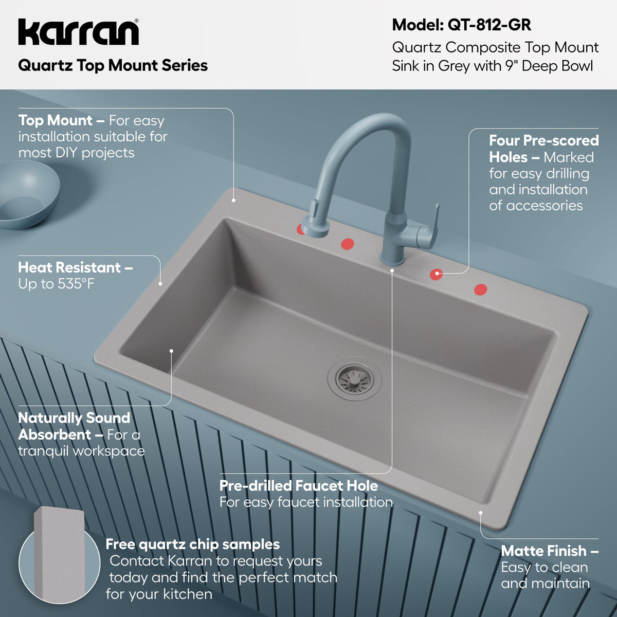 33" Top Mount Large Single Bowl Quartz Composite Kitchen Sink In Grey